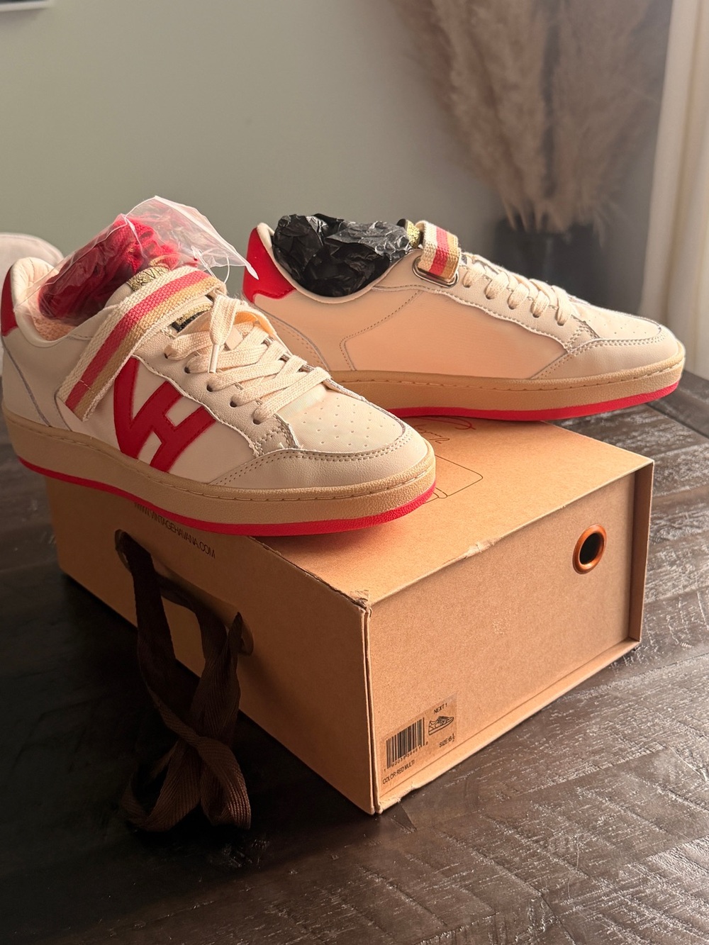 Women Cream and Red Low-Top Sneakers